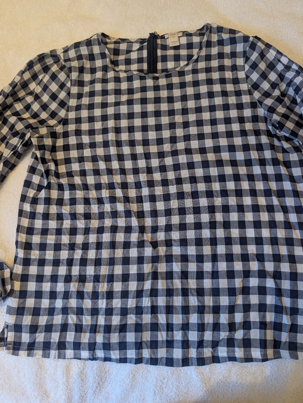 J. Crew Navy Gingham Tie Sleeve Blouse Medium 100% Cotton Top - Picture 8 of 11